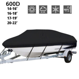 A boat cover for a boat on a trailer.