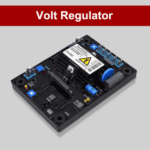 Voltage regulator circuit board on a red background.