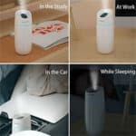 Four pictures of an air purifier in a car.