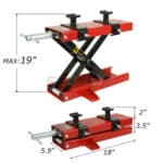 A pair of red and black car lifts with measurements.