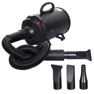 A black hair dryer with two hoses and two attachments.