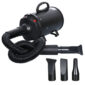 A black hair dryer with two hoses and two attachments.