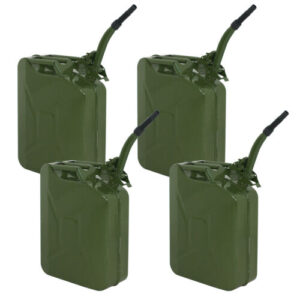 Four green gas cans on a white background.