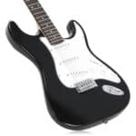 A black electric guitar on a white background.