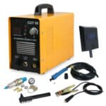 An electric arc welder with a hose and other accessories.