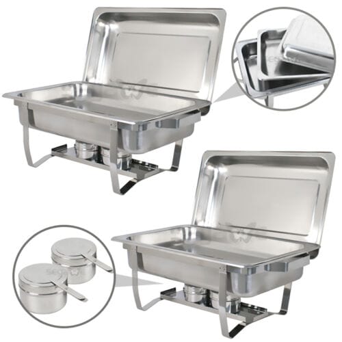 Three stainless steel chafing dishes with lids.