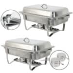 Two stainless steel chafers with lids.