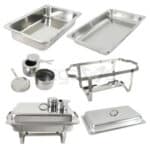 A set of stainless steel chafing dishes and pans.