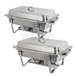 Two stainless steel chafers on a white background.