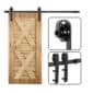 A black sliding barn door with a wooden handle.