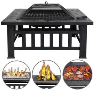 A black outdoor fire pit with a grill and a grill.