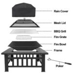 A black fire pit with a grill and a cover.