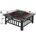 A black square fire pit with measurements.