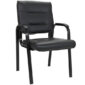 A black leather guest chair with arms and a black frame.