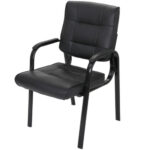 A black leather office chair with metal frame.