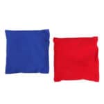 Two red and blue bean bags on a white background.