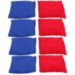 Six red and blue bean bags on a white background.