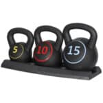 Three kettlebells on a stand with numbers on them.