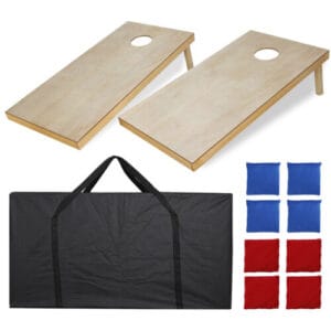 A set of two cornhole boards and a bag.