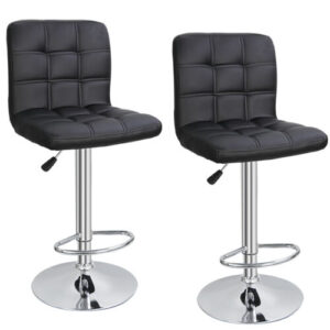 Two black bar stools on a white background.