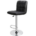 A black leather bar stool with chrome base.