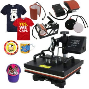 A t - shirt heat press machine with various items.