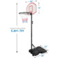 A basketball hoop on a stand with measurements.