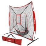 A red and black baseball net with a bag.