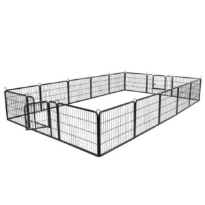 A black metal dog pen with a wooden floor.