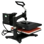 A t shirt heat press machine on a stand.