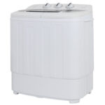 A white washing machine on a white background.