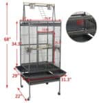 A bird cage with measurements for a parrot.