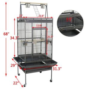 A bird cage with measurements for a parrot.