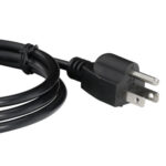 A black power cord on a white background.