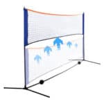 A badminton net with arrows pointing in different directions.