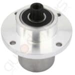 A stainless steel wheel hub for a white background.