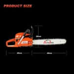 The product size of a chainsaw on a black background.