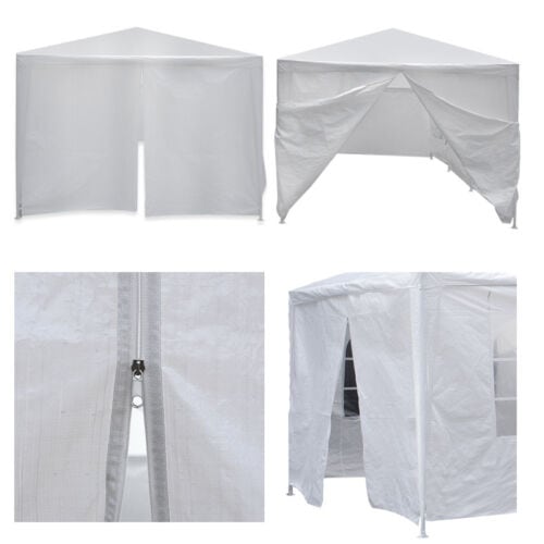 A white tent with a door and a window.