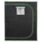 A black and green grow tent on a white background.
