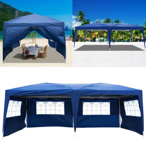 A blue gazebo with a table and chairs on the beach.
