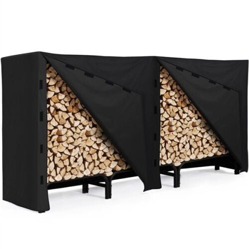 Two black firewood racks with logs in them.