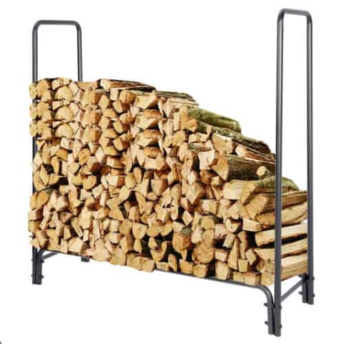 A stack of logs on a metal rack.