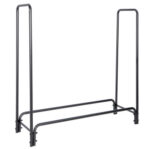 A black metal rack with two legs on a white background.