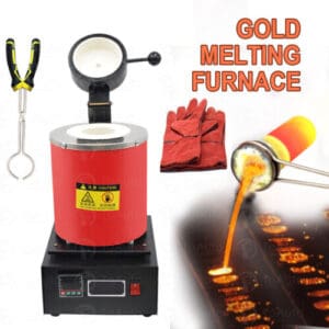 Gold melting furnace with gloves and tools.