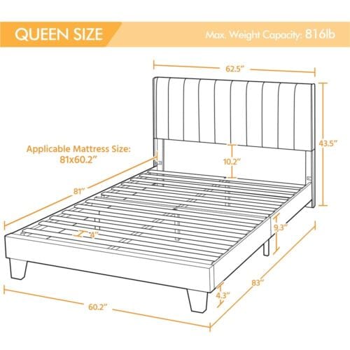 Queen size bed frame with measurements.
