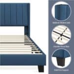 A bed frame with a blue upholstered headboard and footboard.