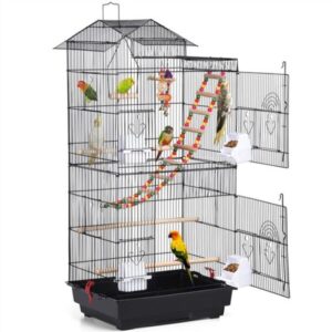 A bird cage with many birds.