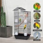 A bird cage with several different types of birds.