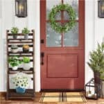 A front door with potted plants and a ladder.