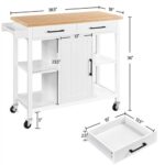 A white kitchen cart with two drawers and measurements.